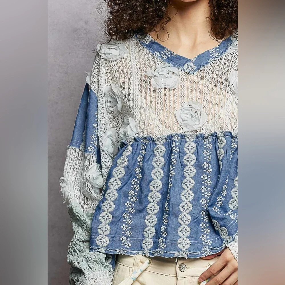 POL Blue Denim and Cream Lace Blouse